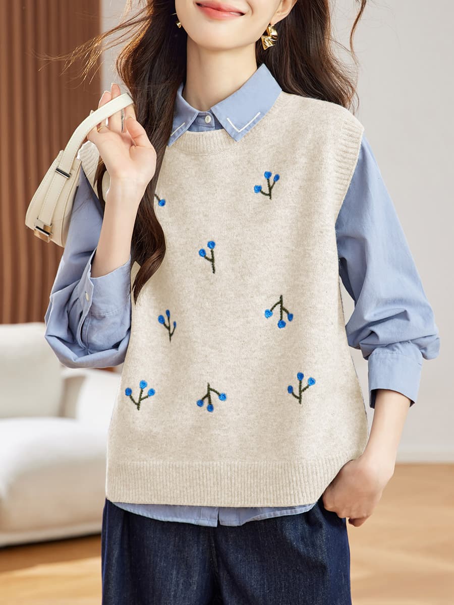 小花刺繍入り上質ニットベスト