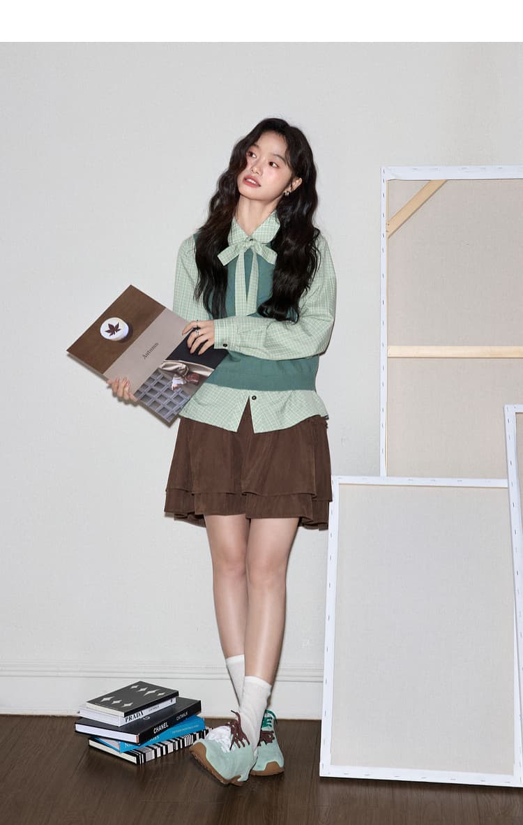 ニットベスト 学院風レイヤード風袖なしニット