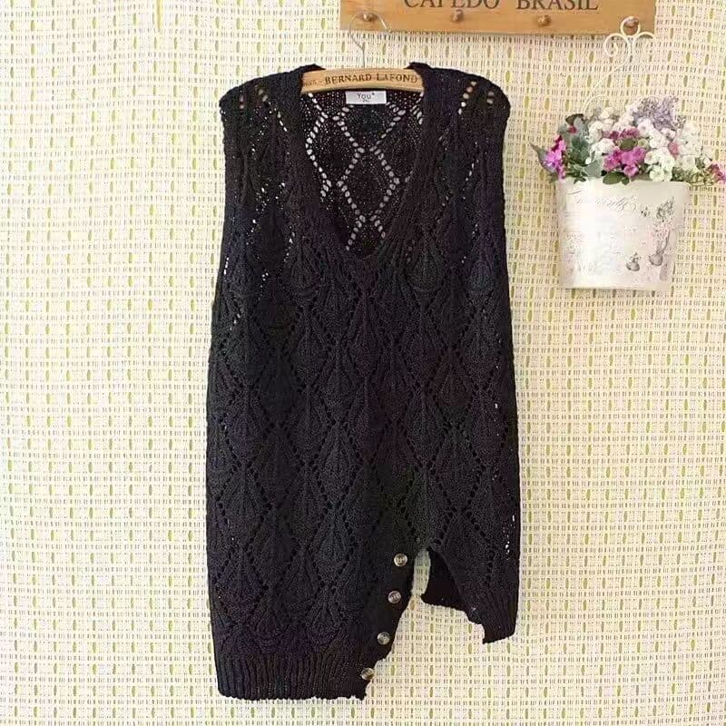 ニットベスト 菱形透かし編みロングベスト