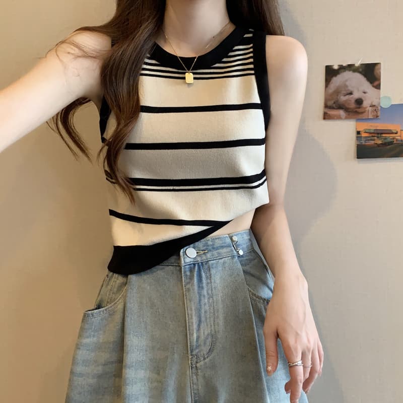  ニットベスト 優美ボーダーノースリーブサマーニットベスト