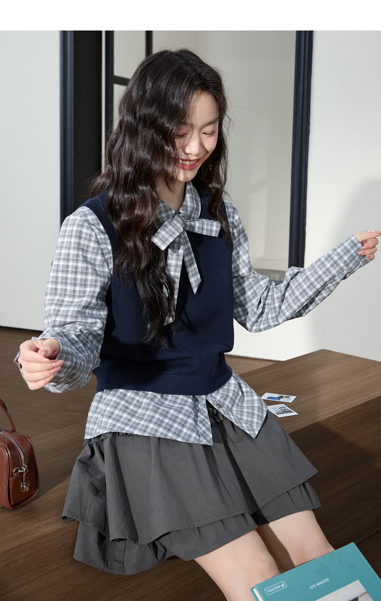 ニットベスト 学院風レイヤード風袖なしニット