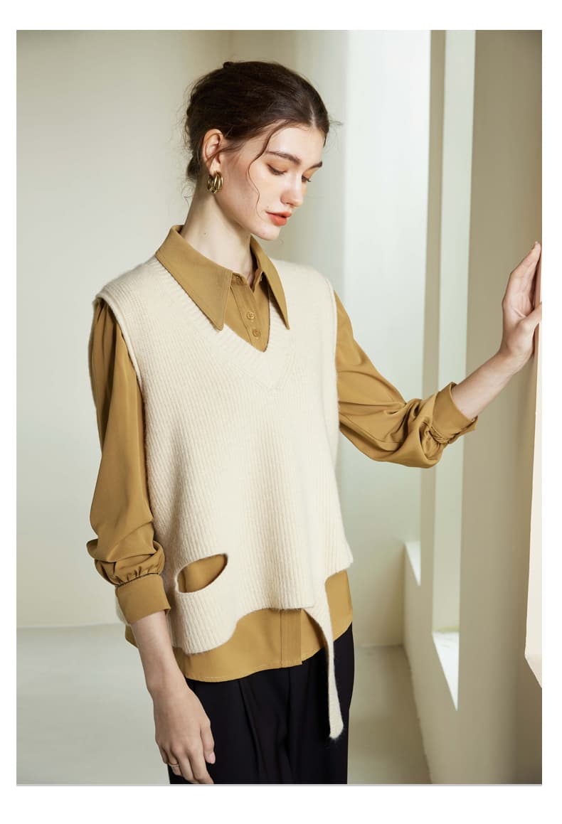 ニットベスト 前後差のある裾デザインリブニット