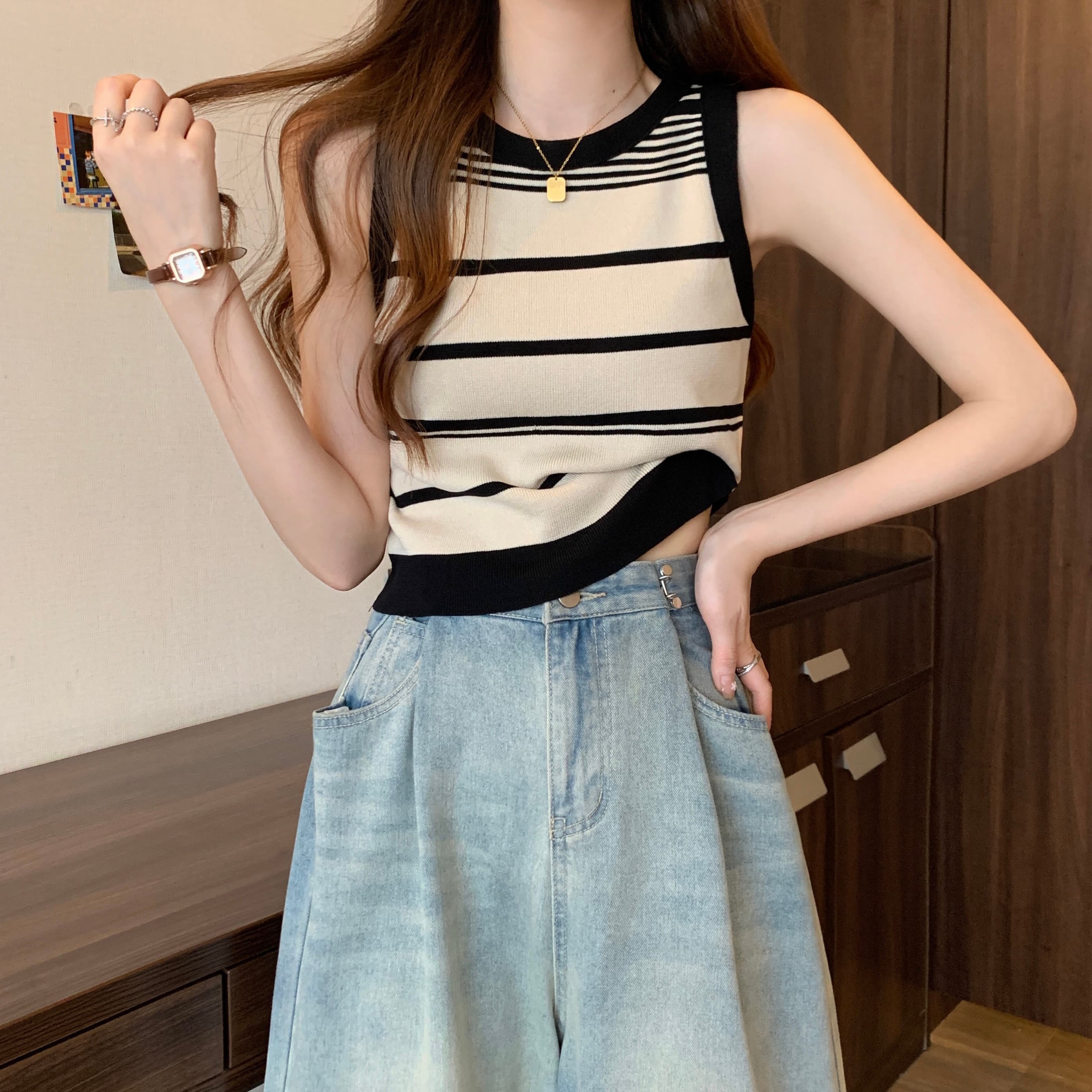  ニットベスト 優美ボーダーノースリーブサマーニットベスト