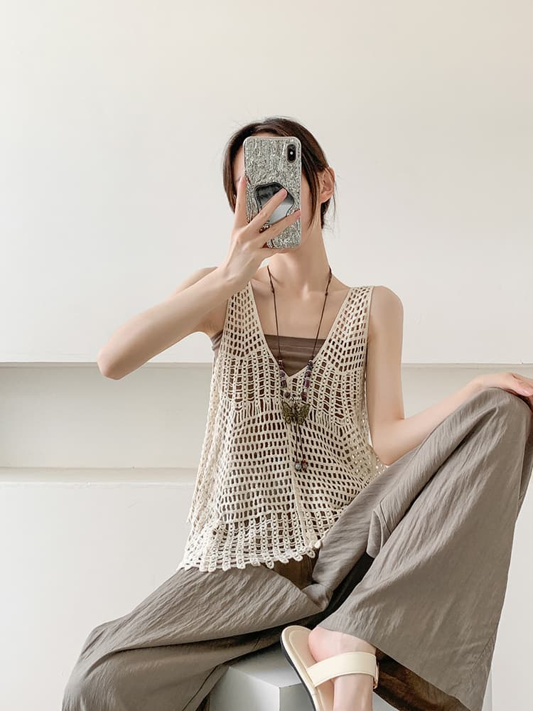 ニットベスト 透かし編み涼風ノースリーブサマーニットベスト