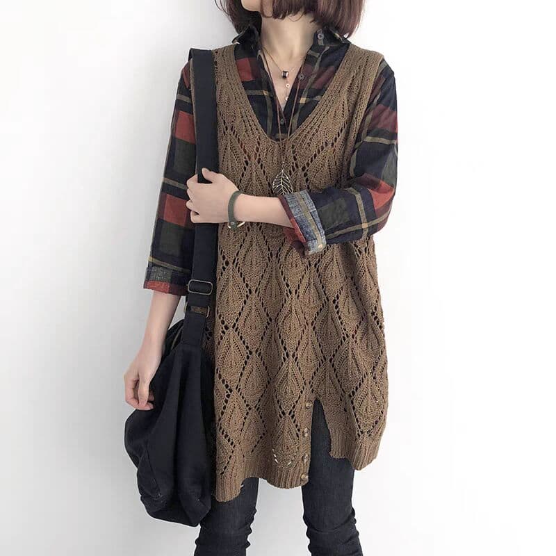 ニットベスト 菱形透かし編みロングベスト