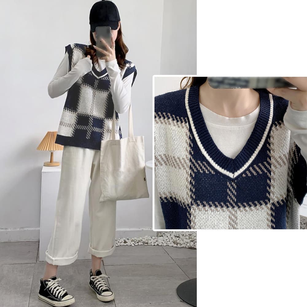 ブラウン チェック柄 Vネック ニットベスト