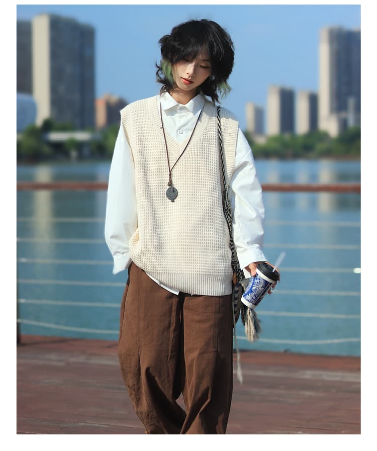  ニットベスト ワッフル編み立体感ベスト