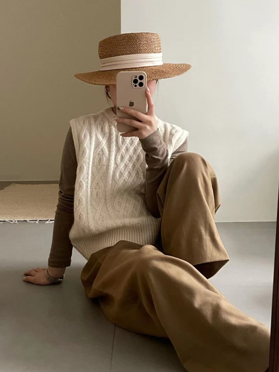 ニットベスト 格子編みケーブルニットベスト