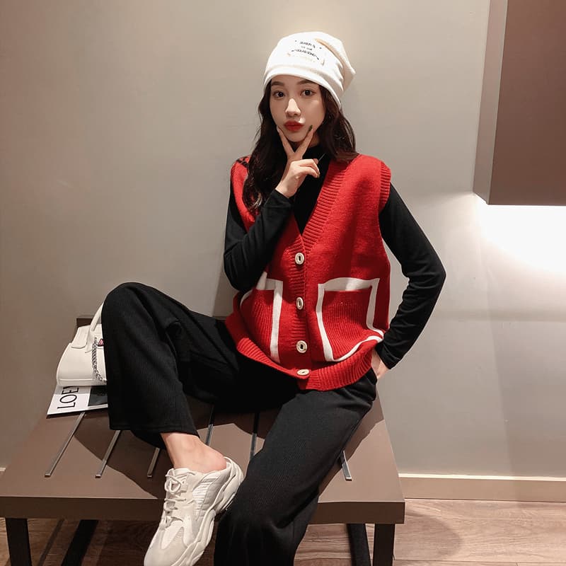 ニットベスト 配色デザイン前開きニットベスト