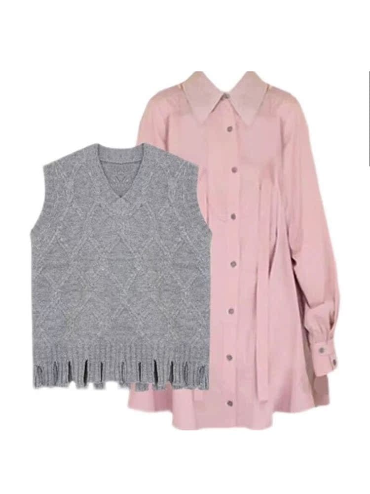 ニットベスト フリンジ裾 菱模様　ニットベスト＆ワンピースセット