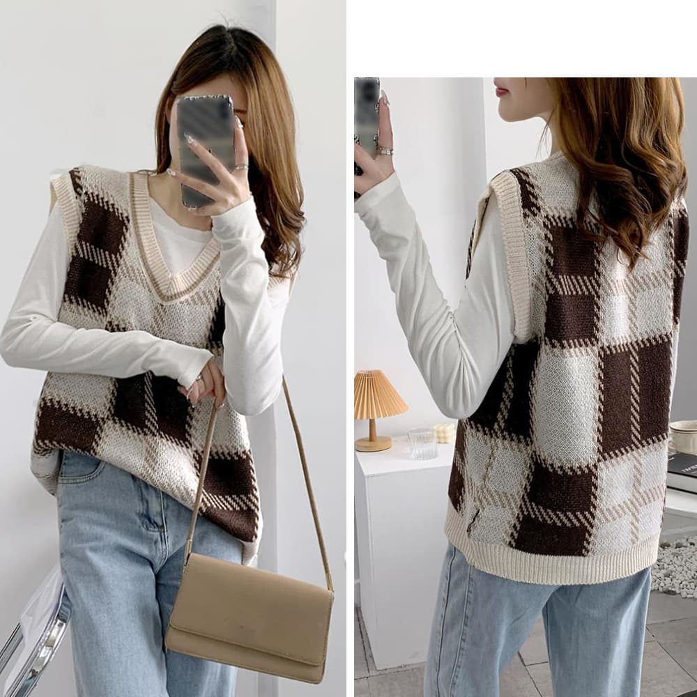 ブラウン チェック柄 Vネック ニットベスト