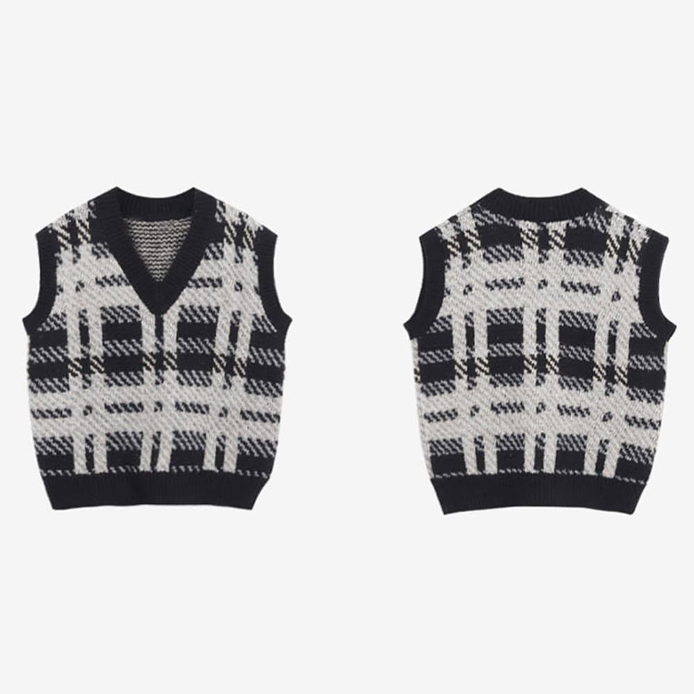 レトロ調チェック柄 黒ニットベスト レディース