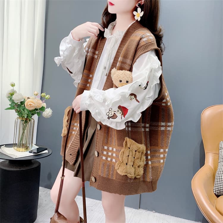 ニットベスト ふわもこポケット付きチェック柄ベスト