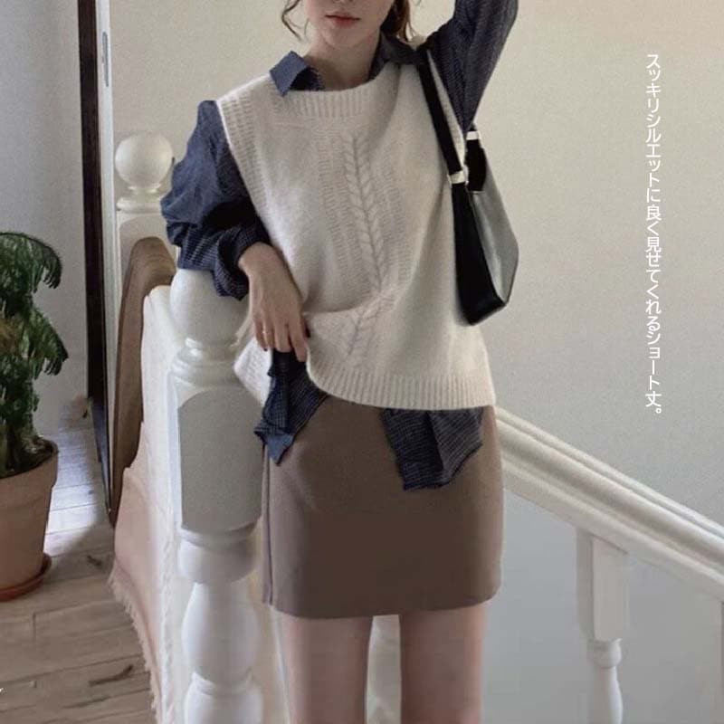 白ニットベスト ケーブル編み レディース 重ね着 ジレ