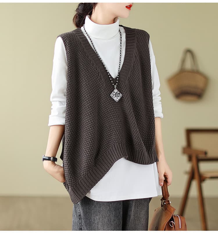 グレー系ニットベスト レディース アシンメトリー前開きジレ