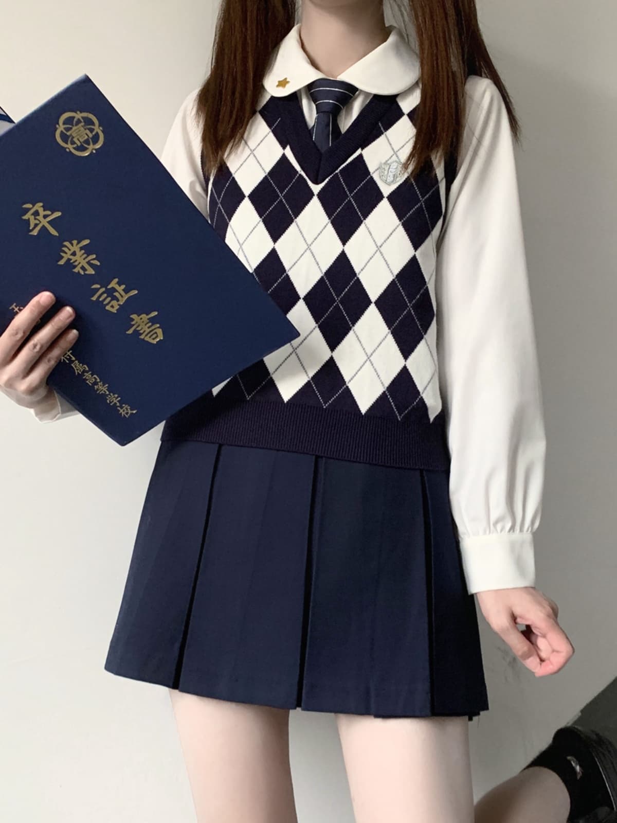 ニットベスト 菱形模様学院風ニットベスト