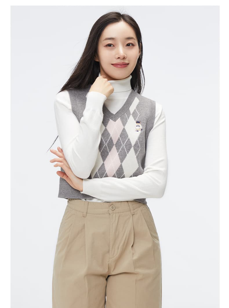 ニットベスト 菱形模様フード付きニットベスト