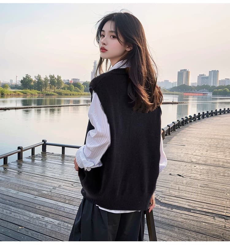 重ね着風ゆったりニットベスト