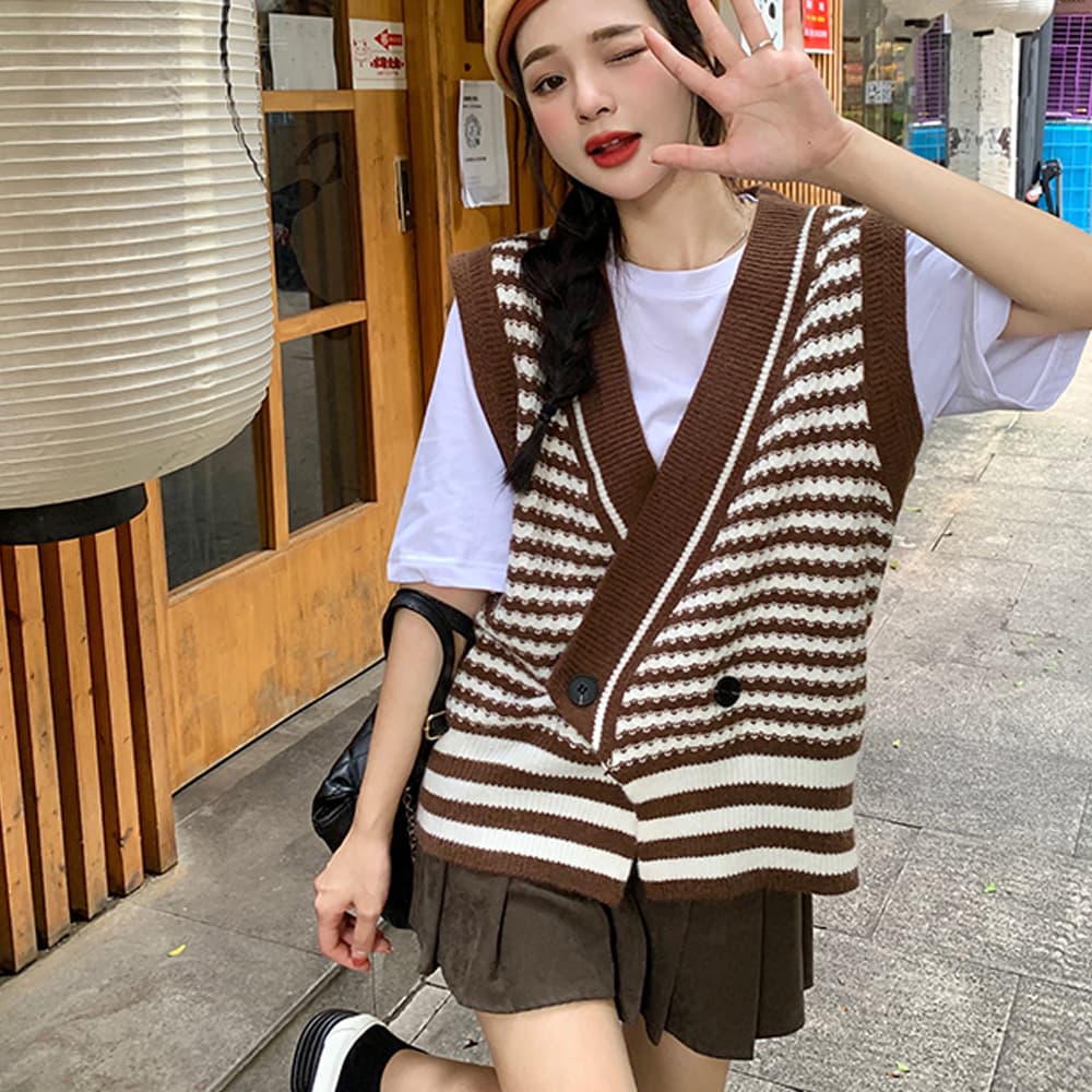 ニットベスト 黒白ボーダー柄 Vネックニットジレ 秋冬重ね着