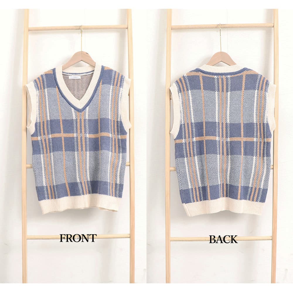 グレーチェック柄Vネックニットベスト
