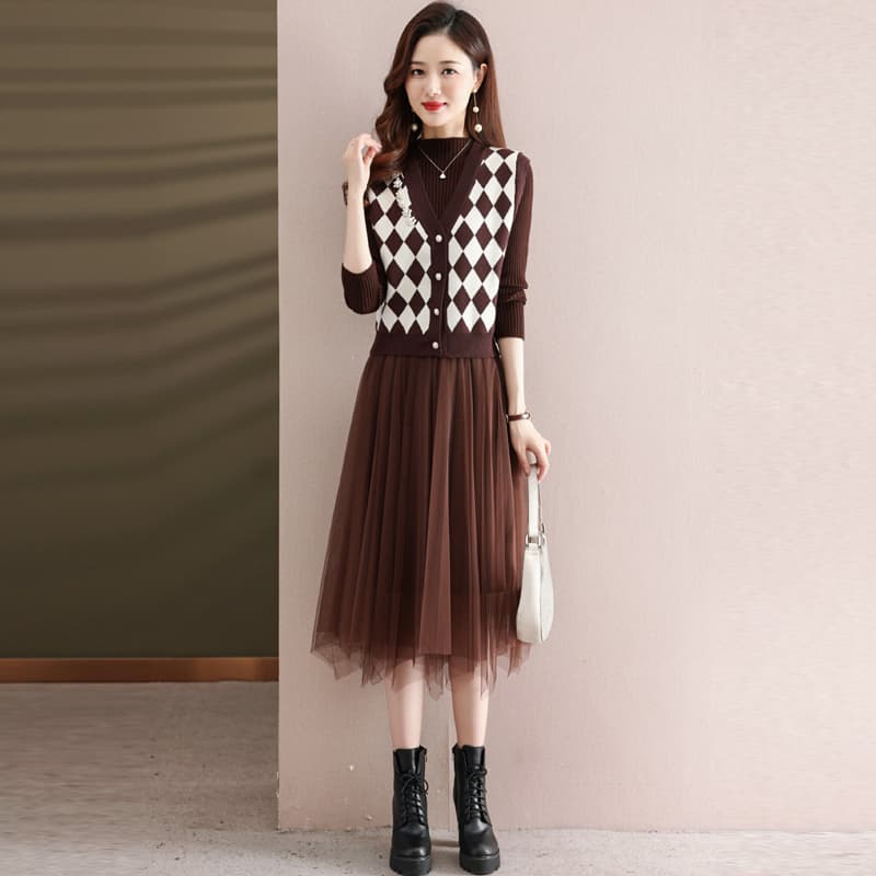 ニットベスト 菱形模様ニットカーディガン