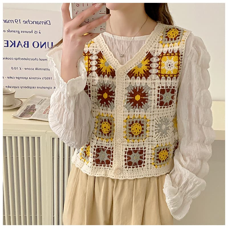 ニットベス 菱形模様のかぎ針編みベスト