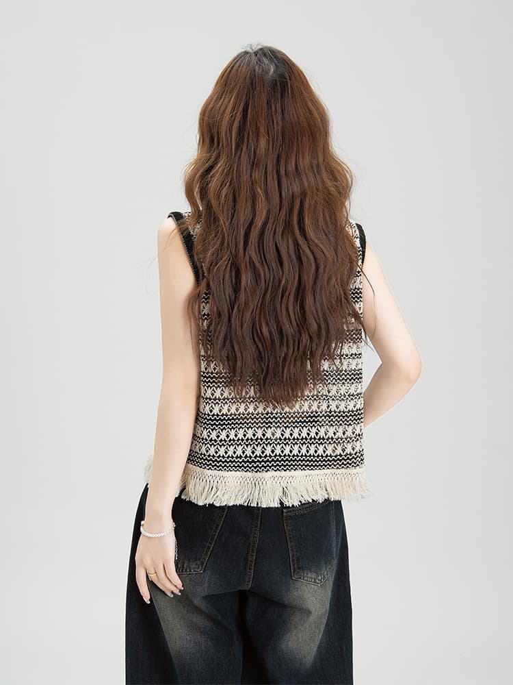 ニットベスト 幾何学模様フリンジニットベスト