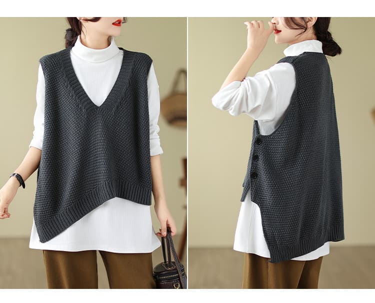 グレー系ニットベスト レディース アシンメトリー前開きジレ