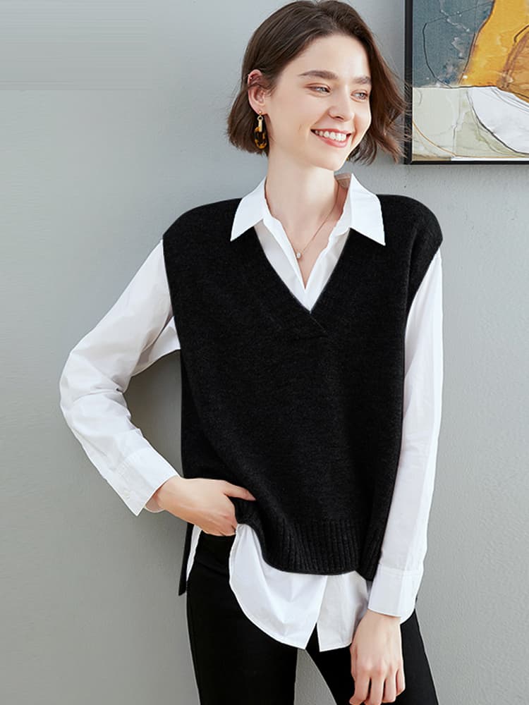 ニットベスト シンプル深Vネックベスト