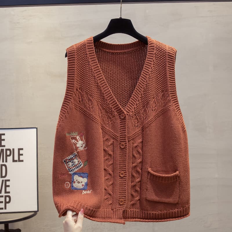 ニットベスト かわいい動物刺繍入りケーブル編みベスト