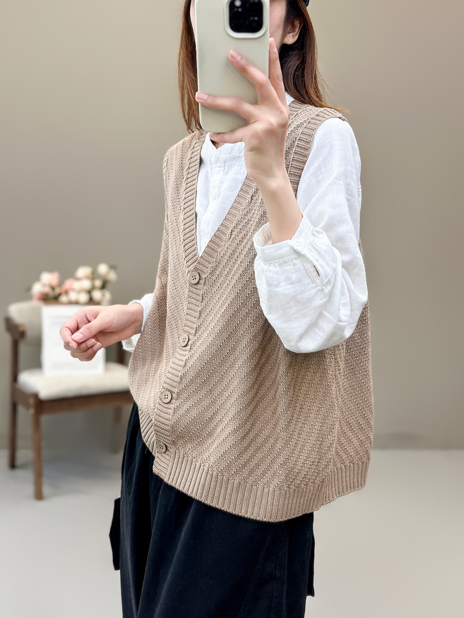 ニットベスト 斜め編み模様の優しい着心地ベスト