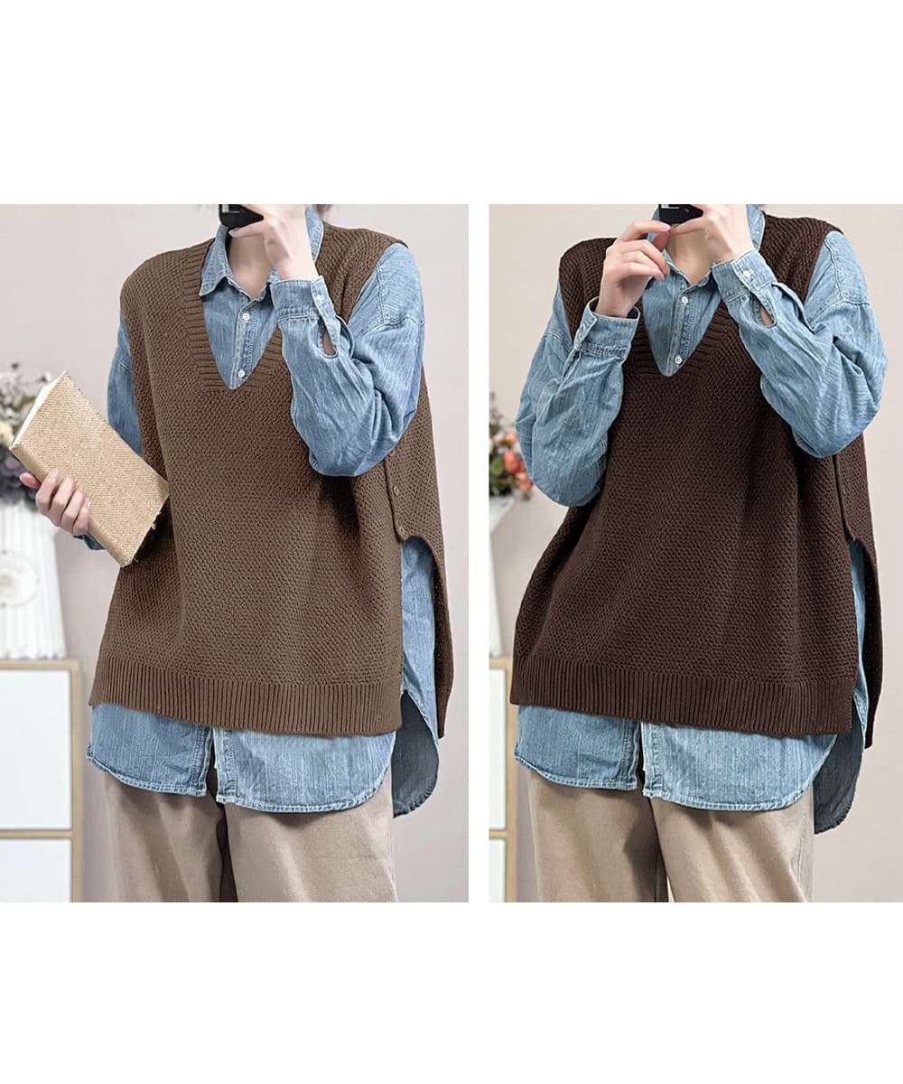 ブラウン ゆったりニットベスト サイドスリット入り