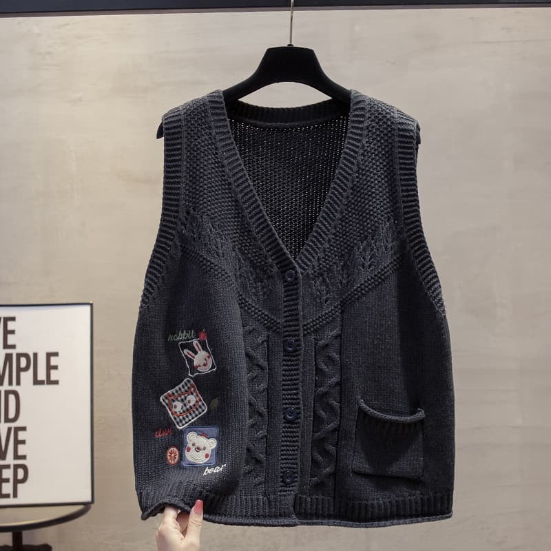ニットベスト かわいい動物刺繍入りケーブル編みベスト