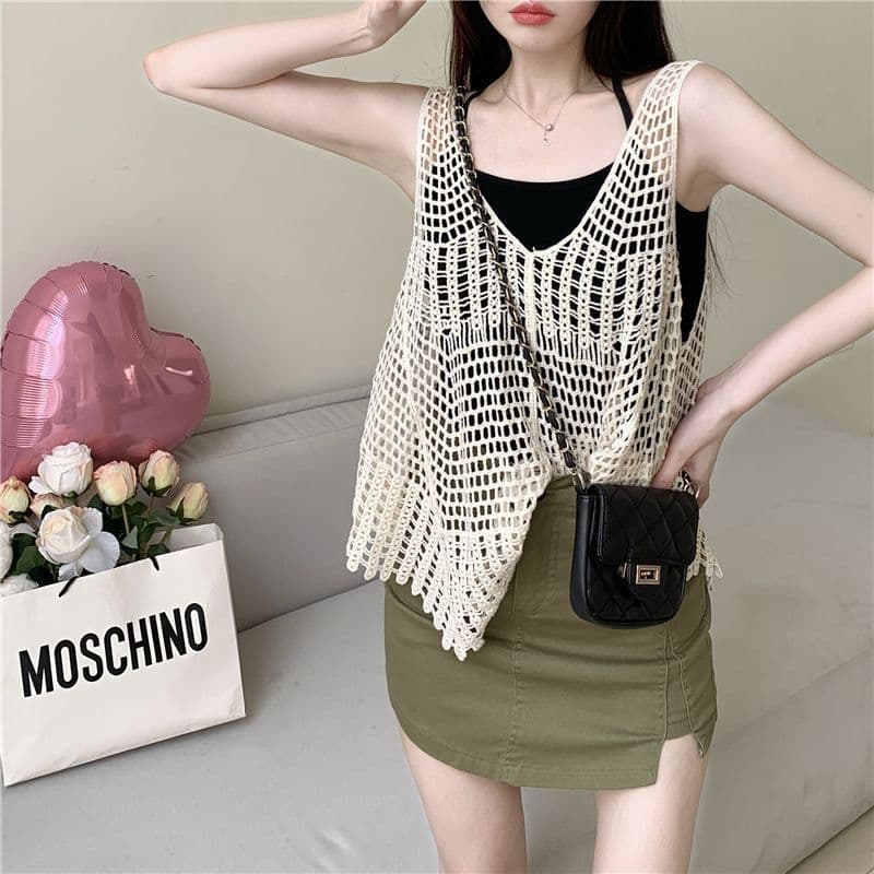 ニットベスト 透かし編みフリンジニットベスト