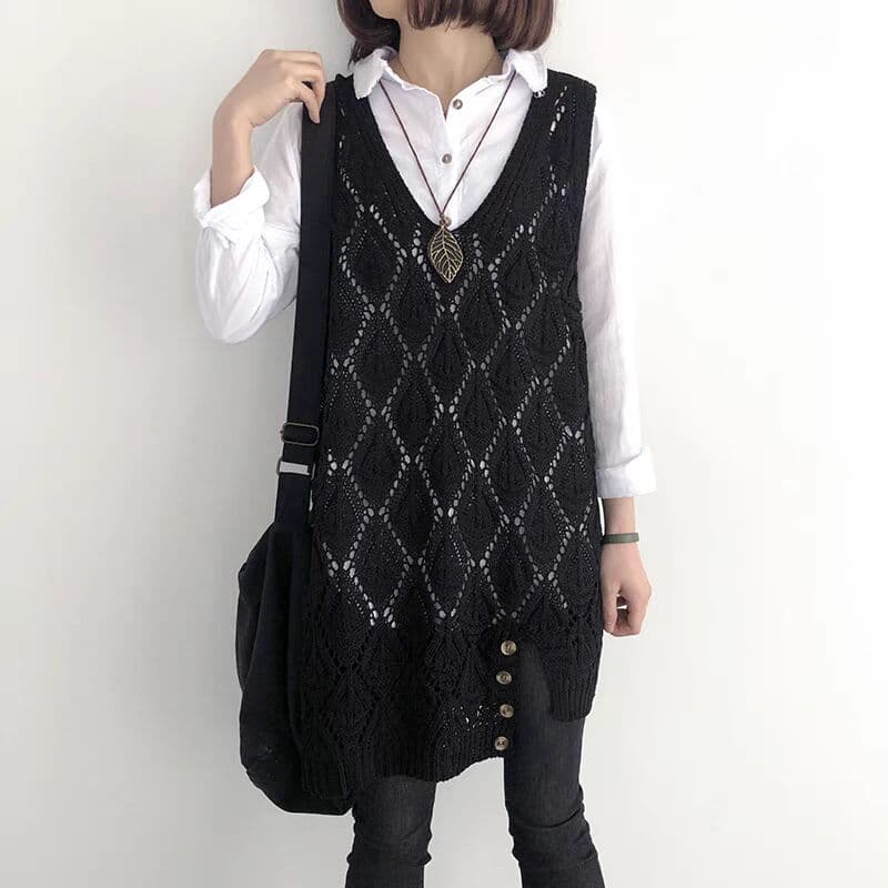 ニットベスト 菱形透かし編みロングベスト