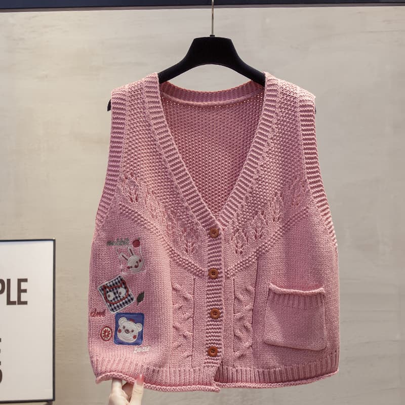ニットベスト かわいい動物刺繍入りケーブル編みベスト