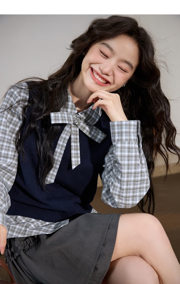 ニットベスト 学院風レイヤード風袖なしニット