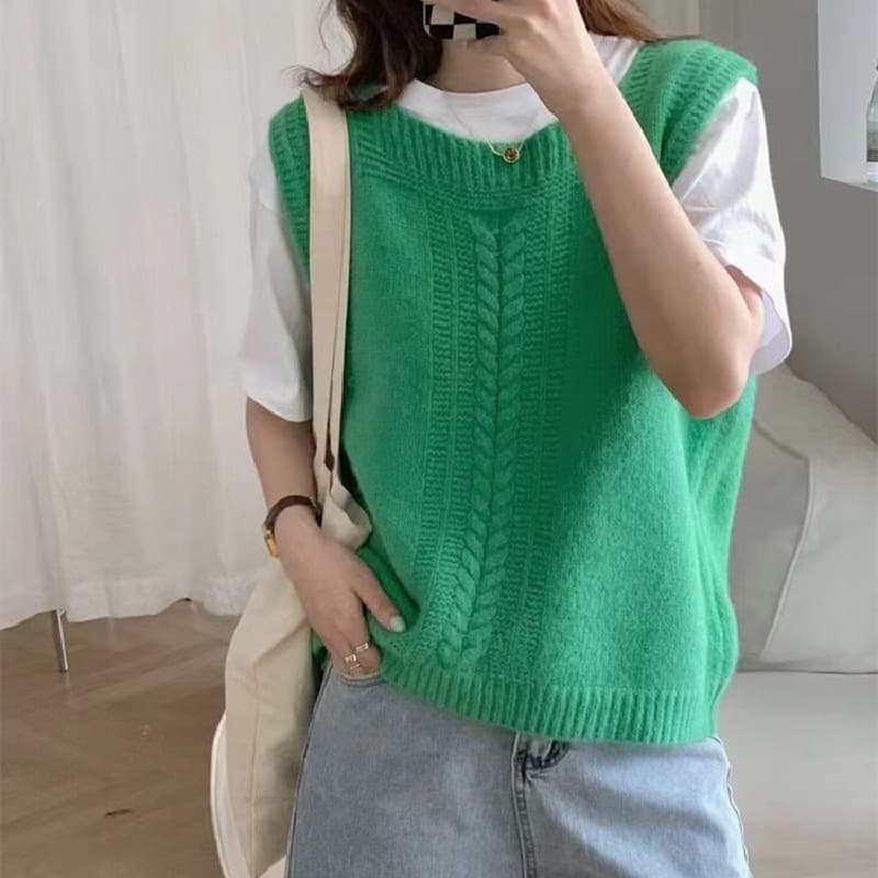 白ニットベスト ケーブル編み レディース 重ね着 ジレ