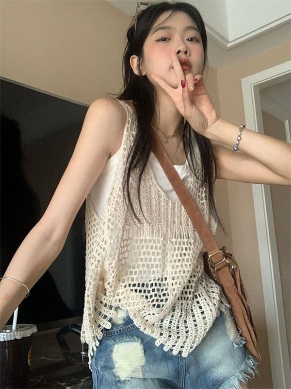 ニットベスト 透かし編みフリンジニットベスト