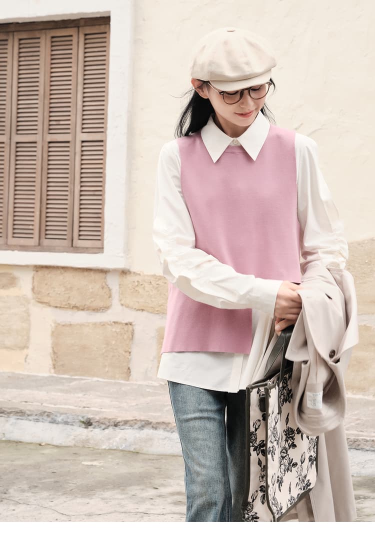 ニットベスト レイヤード風シンプル短丈　アシンメトリーニットベスト