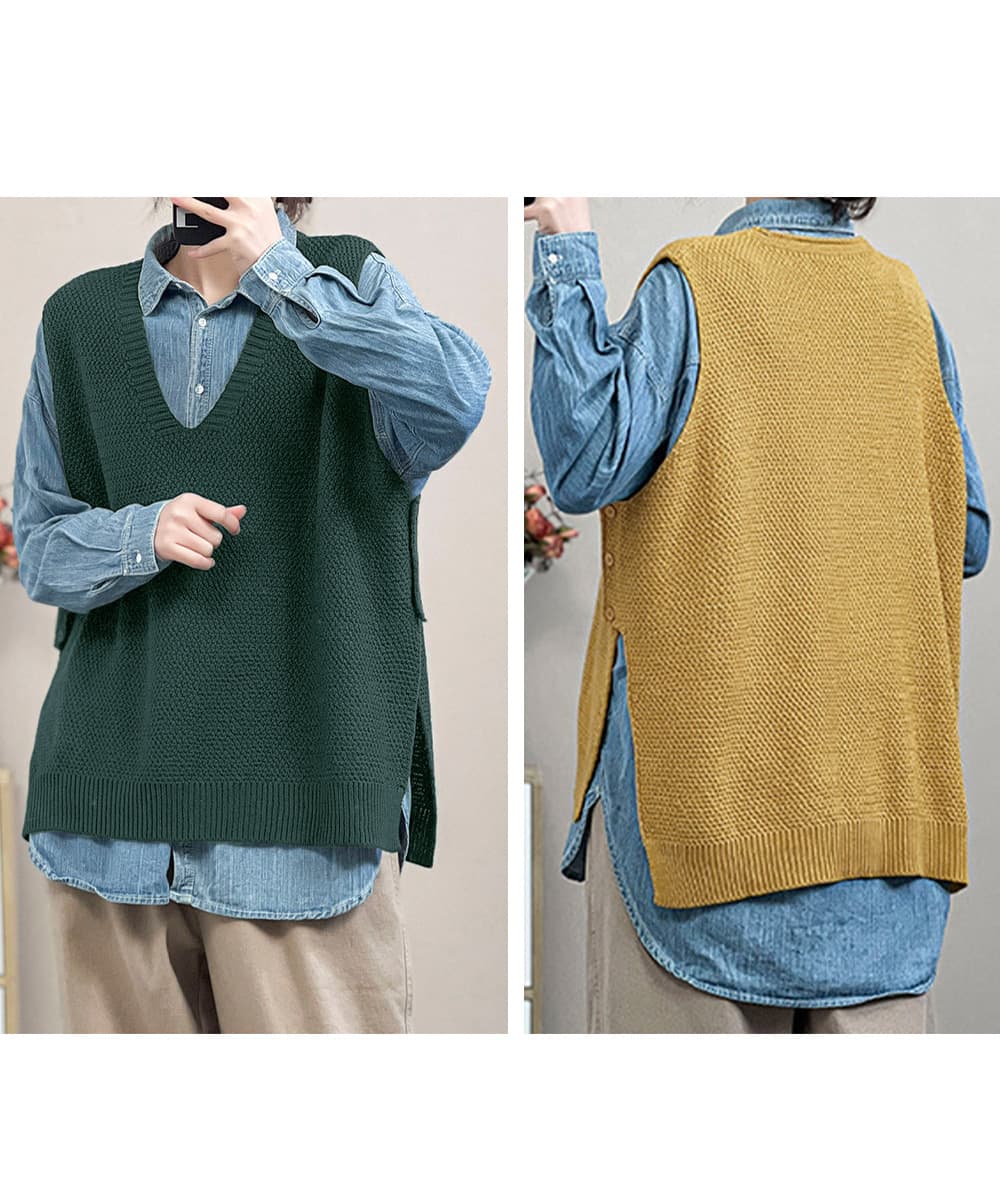 ブラウン ゆったりニットベスト サイドスリット入り