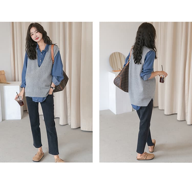 ニットベスト 深い前立てがポイントのゆったりニット袖なしジレ