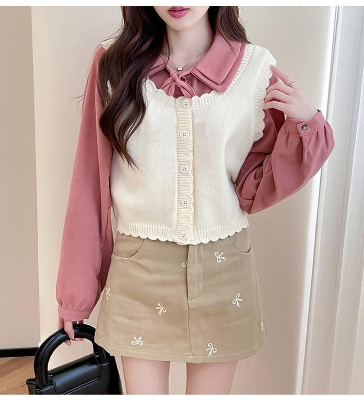 ニットベスト 優美リボンカラー重ね着風ニットベスト