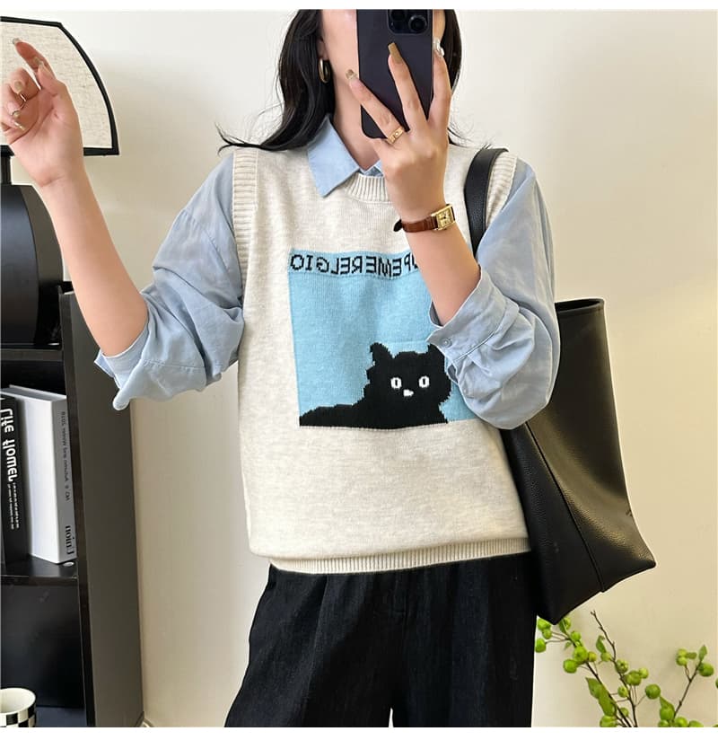 ニットベスト ねこモチーフ柄ゆったりベスト