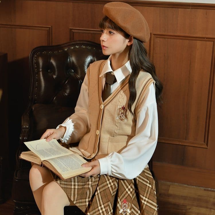 ニットベスト 学院風ケーブル編みベスト
