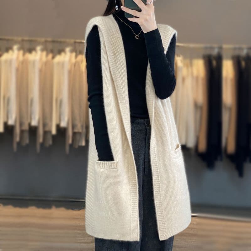 ニットベスト フード付きロングニットベスト