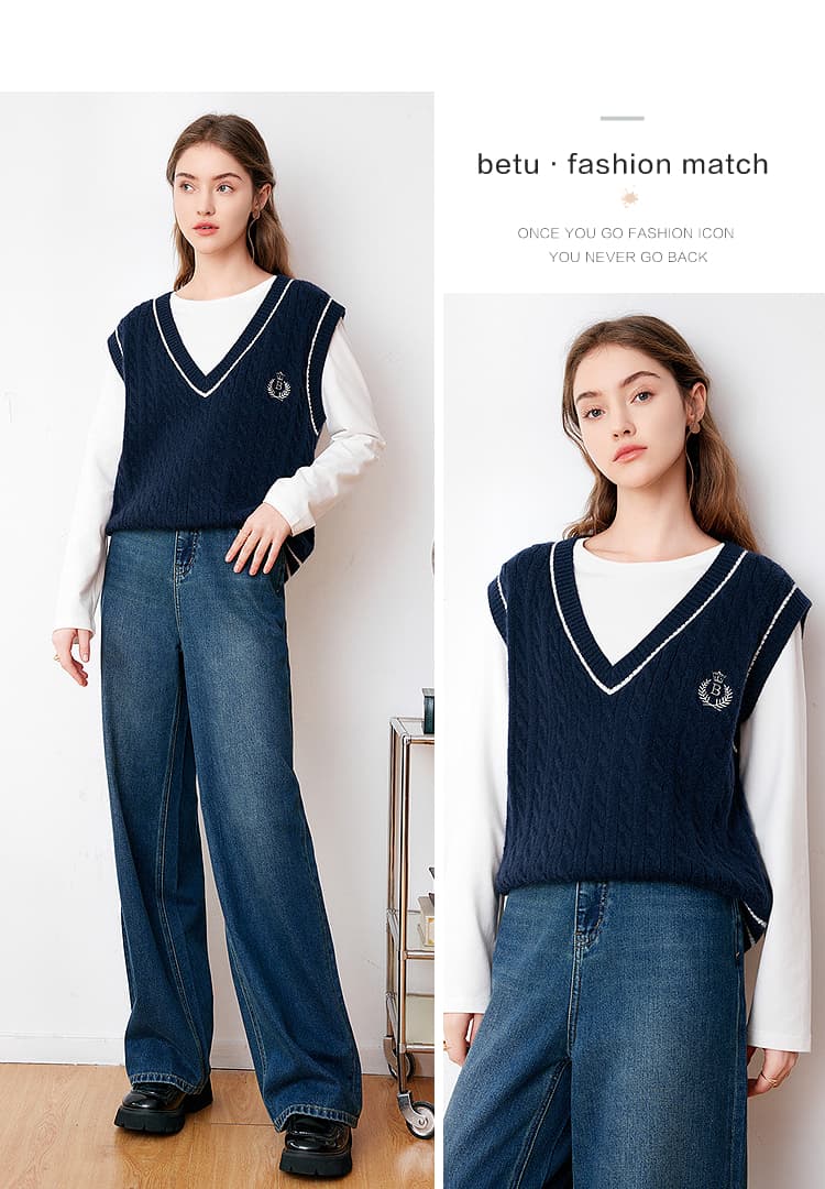 ニットベスト 学院風ケーブル編みベスト