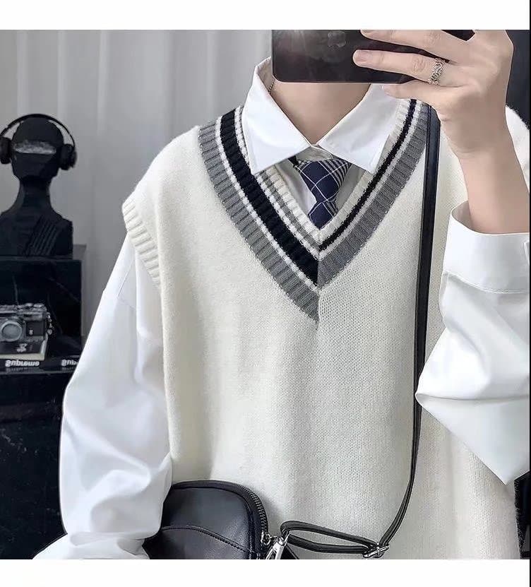 ニットベスト 学院風配色ライン入り袖なしニットベスト