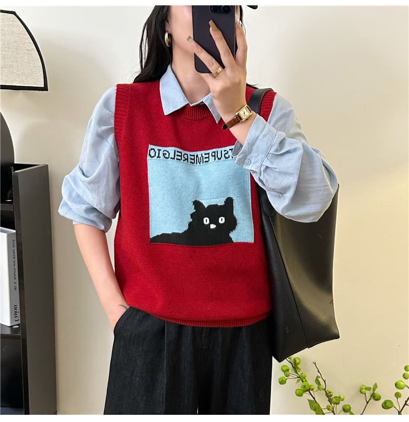 ニットベスト ねこモチーフ柄ゆったりベスト