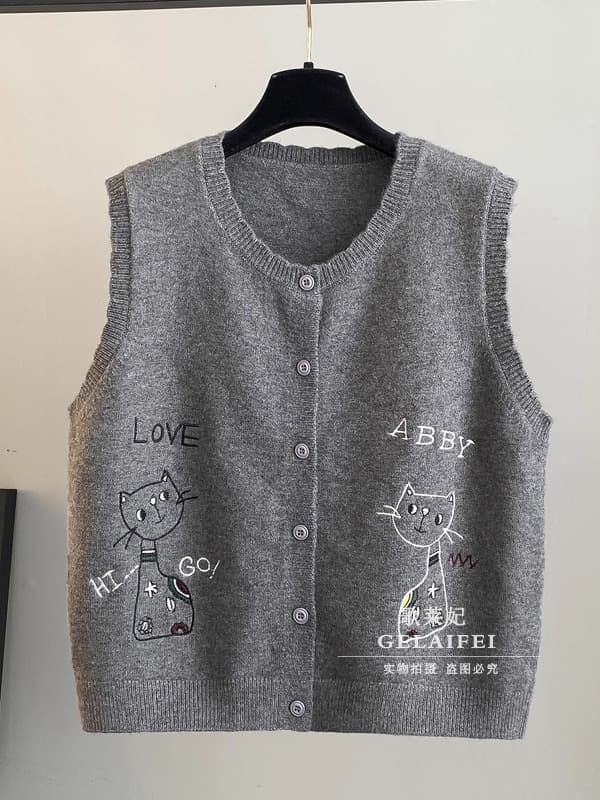ニットベスト 可愛い猫刺繍入りボタン留め袖なしカーディガン